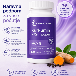 Podatki o izdelku Oblika: kapsule Vsebina pakiranja: 60 kapsul Teža kapsule: približno 574 mg Skupna masa polnila: približno 34,5 g Sestavine Suhi izvleček korenine kurkume ( Curcuma longa ), standardiziran na 95 % kurkuminoidov Vitamin C (L-askorbinska kislina) Prah hudičevega kremplja ( Harpagophytum procumbens ) Izvleček črnega popra, standardiziran na 95 % piperina Ovojnica kapsule: hidroksipropilmetilceluloza (HPMC) Sredstva proti sprijemanju: rastlinske magnezijeve soli maščobnih kislin, silicijev dioksid Priporočen dnevni odmerek Priporočeni dnevni odmerek: 1 kapsula na dan. Zaužijte z zadostno količino vode, po možnosti ob obroku. Sestava na dnevni odmerek (1 kapsula) Količina PDV* Vitamin C 150 mg 188 % Kurkuminioidi (iz izvlečka kurkume) 166 mg — Prah hudičevega kremplja 50 mg — Piperin (iz izvlečka črnega popra) 9,5 mg — *PDV = priporočen dnevni vnos po Uredbi (EU) 1169/2011. Opozorila Priporočenega dnevnega odmerka se ne sme prekoračiti. Prehransko dopolnilo ni nadomestilo za uravnoteženo in raznoliko prehrano ter zdrav življenjski slog. Shranjujte nedosegljivo otrokom. Ni primerno za otroke, mladostnike, nosečnice in doječe matere. Osebe z žolčnimi kamni, želodčno razjedo naj se pred uporabo posvetujejo z zdravnikom. Ob sočasni uporabi zdravil se pred uporabo posvetujte z zdravnikom (zaradi vsebnosti piperina). Ne uporabljajte v primeru preobčutljivosti na katerokoli sestavino. Pogoji shranjevanja Shranjujte v suhem, hladnem in temnem prostoru , pri temperaturi do 25 °C. Po odprtju embalažo vedno dobro zaprite. Dodatne informacije Vegansko Brez glutena Proizvedeno v EU
